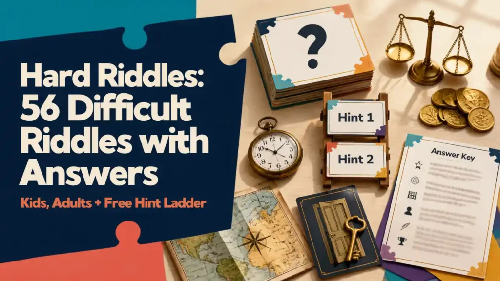 hard riddles banner with printable riddle cards, hint ladder cards, clock, coins, map and logic puzzle clues