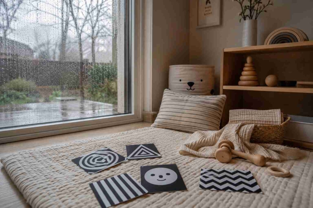 Black-and-white high-contrast flashcards on a baby play mat beside a rainy window in a Montessori nursery.