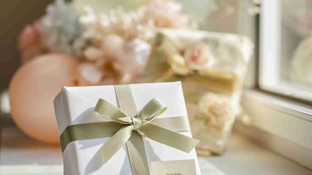A wrapped baby shower gift with a card on a table with soft pastel decorations