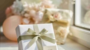 A wrapped baby shower gift with a card on a table with soft pastel decorations