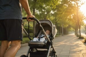 A dad pushing a stroller with a newborn on a suburban sidewalk in morning light