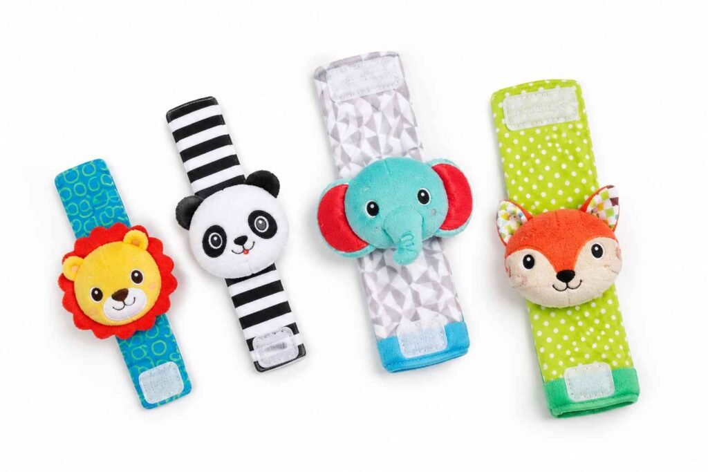 Infantino wrist and foot rattle set soft fabric velcro rattles for 3 month old baby body awareness and cause and effect development