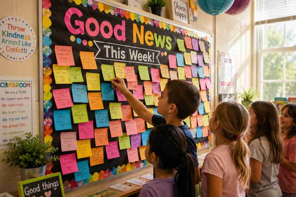 Elementary students adding colorful sticky notes to a classroom Good News Board filled with positive weekly achievements and encouraging messages.