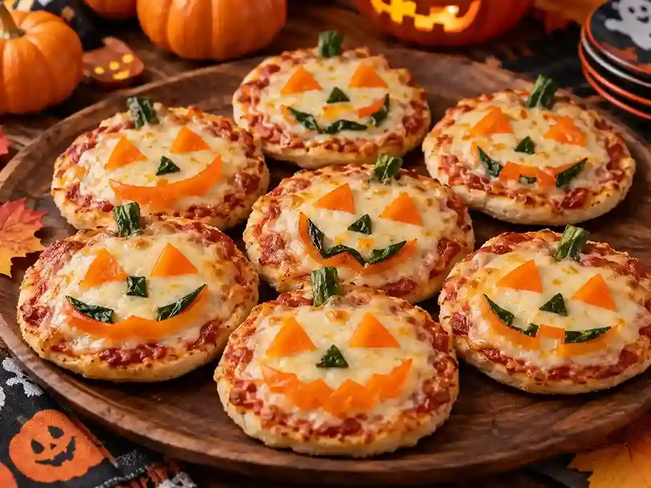 jack-o'-lantern mini pizzas made on English muffins with melted cheese and orange and green vegetable strips arranged on a Halloween party platter.