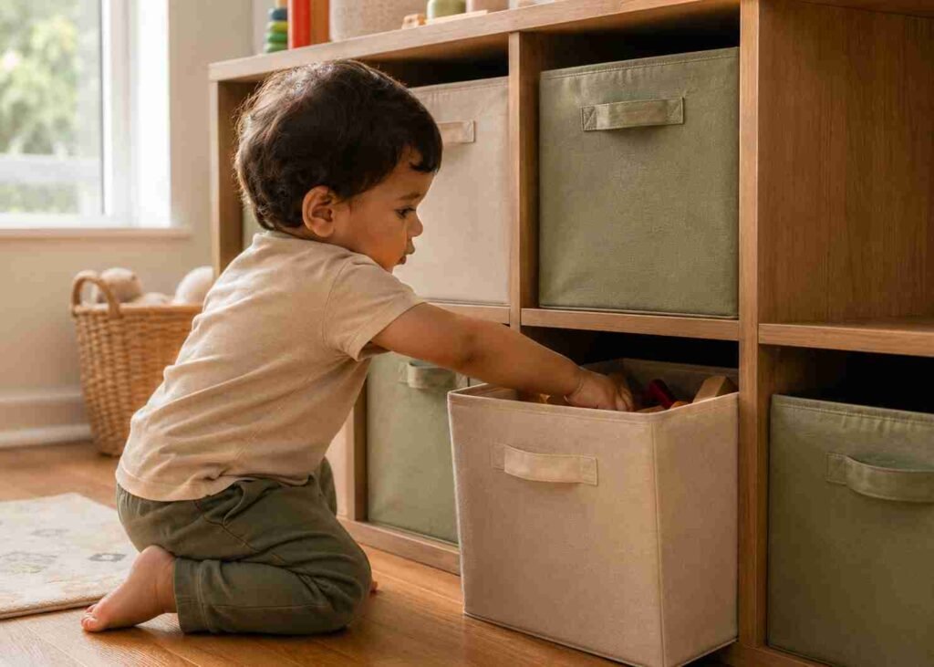 A low KALLAX-style cube organizer with fabric bins of toys at toddler height in a living room