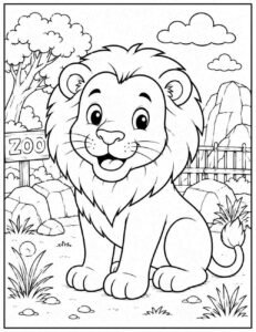 Cute lion coloring page printable featuring a smiling lion sitting in a zoo habitat with rocks, trees, and easy-to-color outlines.