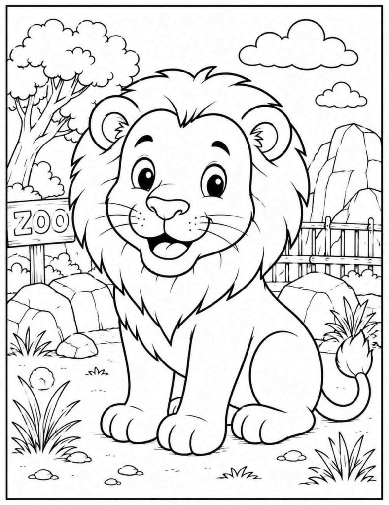 Cute lion coloring page printable featuring a smiling lion sitting in a zoo habitat with rocks, trees, and easy-to-color outlines.