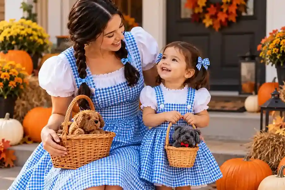 Mom and toddler wearing matching blue gingham Dorothy-style Halloween costumes with braided hair, bows, and wicker baskets on a decorated fall porch.