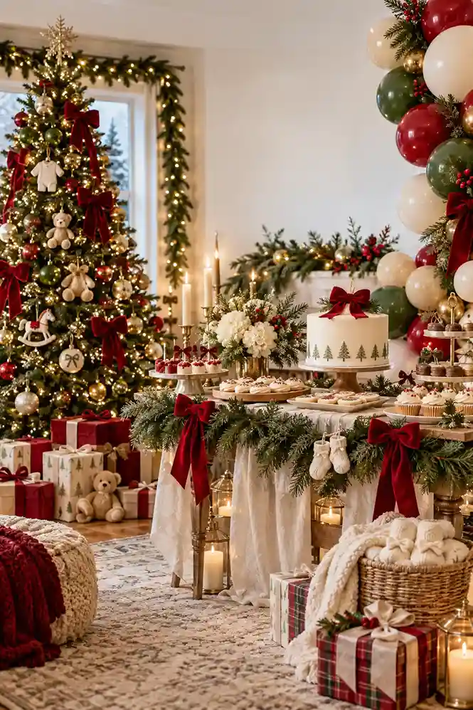 Merry Little Baby Shower Christmas theme with evergreen garlands, red velvet bows, cream accents, baby socks, a decorated tree, and holiday desserts.