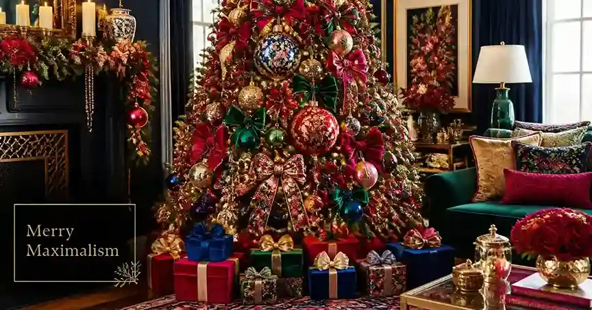 Merry maximalism Christmas tree with jewel-tone ornaments, oversized ribbon, florals, layered garlands, and warm white lights