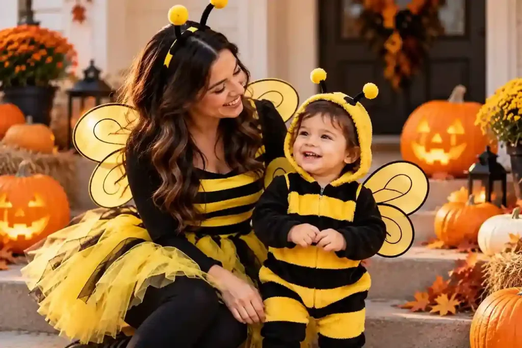 Mom and toddler wearing coordinated Halloween costumes, with mom dressed in a blue gingham storybook outfit and toddler in a soft brown puppy costume on a decorated fall porch.