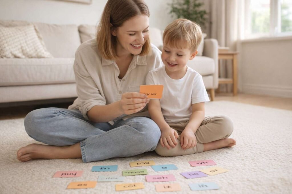 Mom and young child sitting on living room floor practicing sight words flash cards together at home