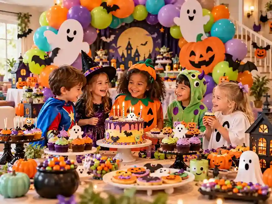 Kids at a colorful Halloween birthday party with friendly ghosts, pumpkin characters, bright balloons, costumes, cake, and non-scary movie-inspired decorations.