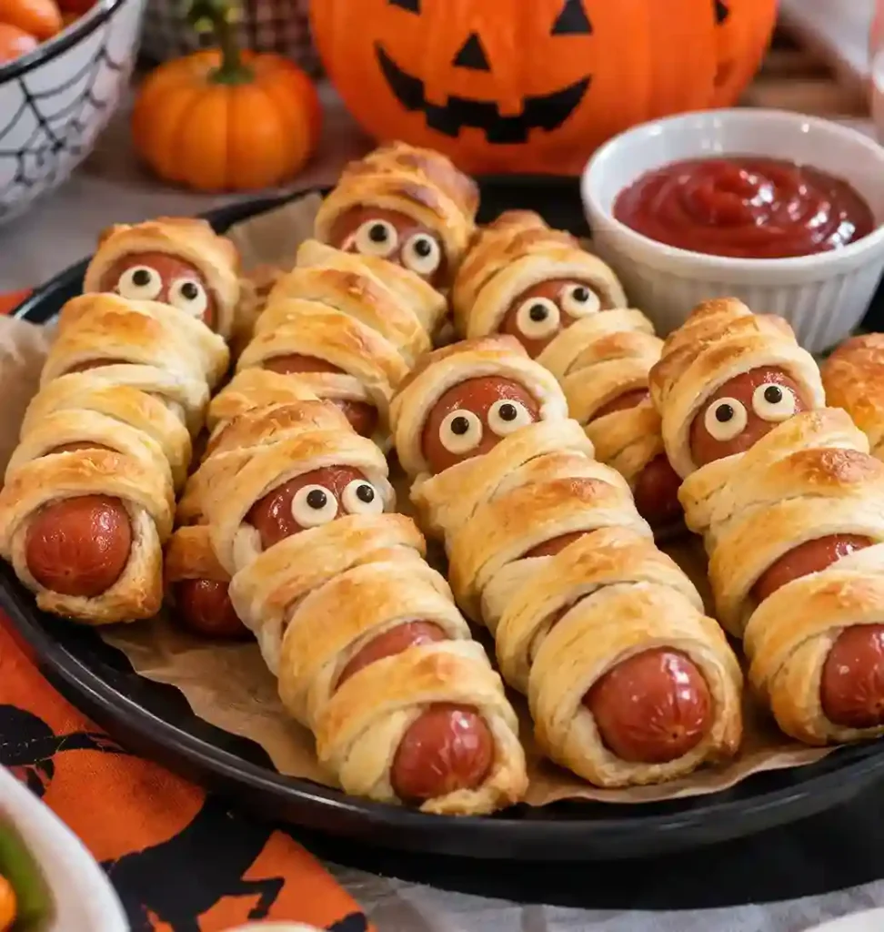 Baked mummy hot dogs wrapped in crescent dough strips and arranged on a Halloween party platter with pumpkins and festive fall decorations.