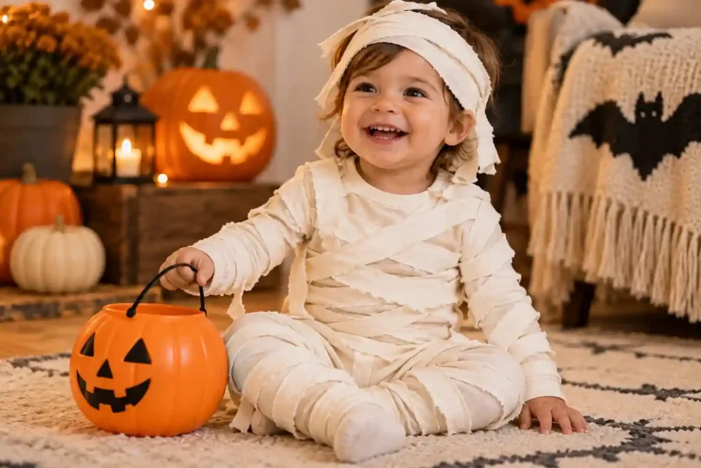 Smiling toddler wearing cream mummy pajamas with soft fabric strips beside a pumpkin trick-or-treat bucket in a cozy Halloween setting.