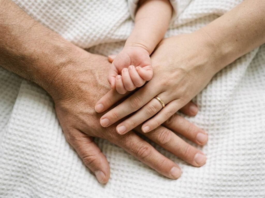 Overhead close-up of two parent hands stacked with a tiny newborn baby hand on top on a white blanket