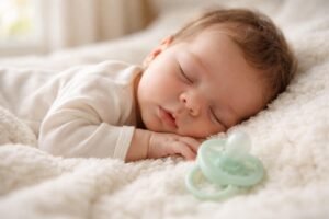 peaceful newborn baby sleeping with pacifier on white blanket
