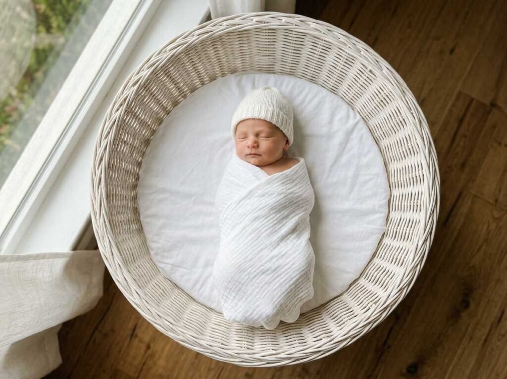 Overhead photo of a newborn baby sleeping in a white wicker Moses basket beside a bright window for a DIY baby announcement
