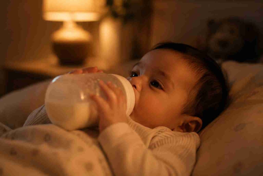 A parent feeding a newborn with a bottle during a nighttime feed