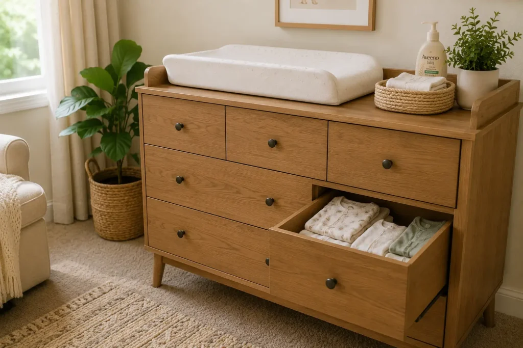 A changing dresser with pad, safety strap, and diaper supplies organized in drawers