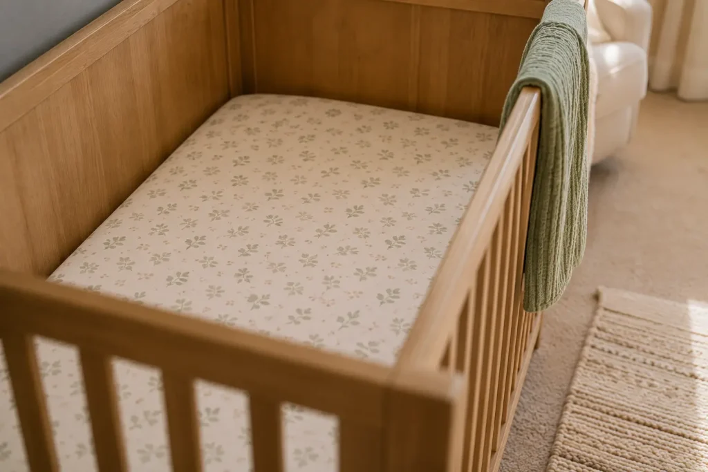 A safely set up crib with a firm mattress and fitted sheet, no loose bedding
