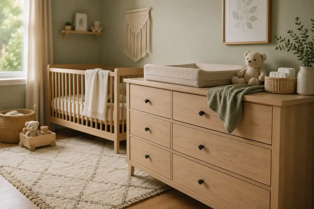 A neutral nursery with layered texture, soft lighting, and simple wall decor