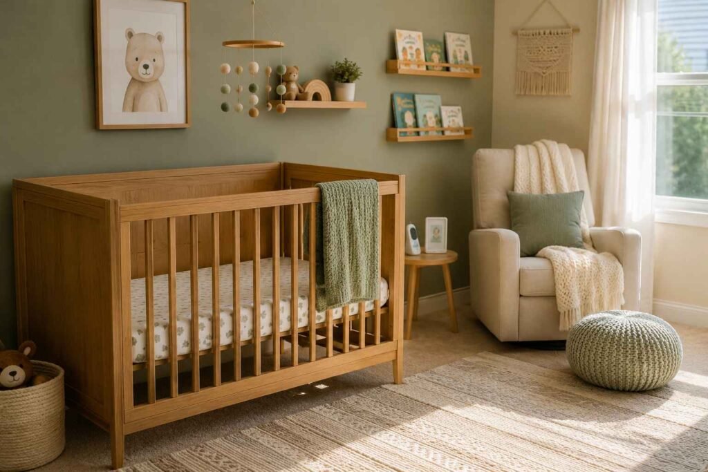 A complete nursery essentials checklist setup with crib, glider, and changing area