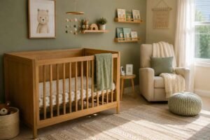 A complete nursery essentials checklist setup with crib, glider, and changing area