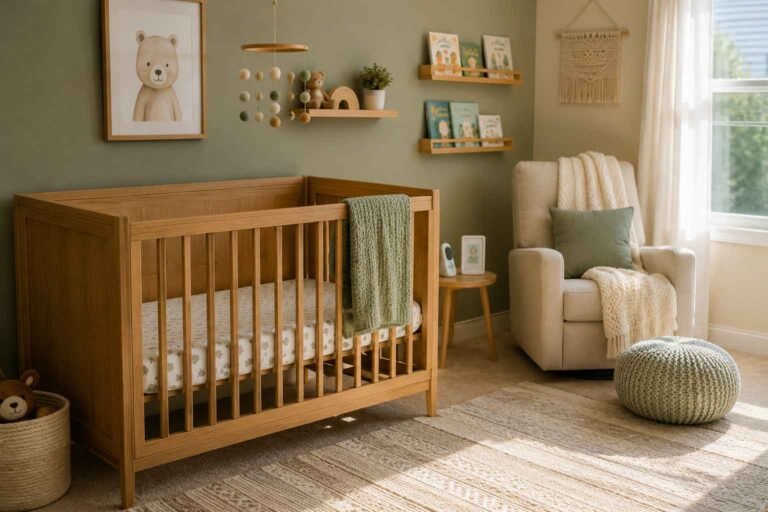 A complete nursery essentials checklist setup with crib, glider, and changing area