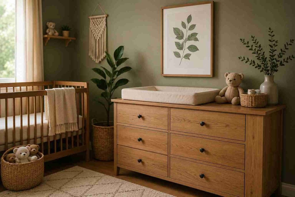 A woodland themed nursery with soft animal prints and natural wood tones