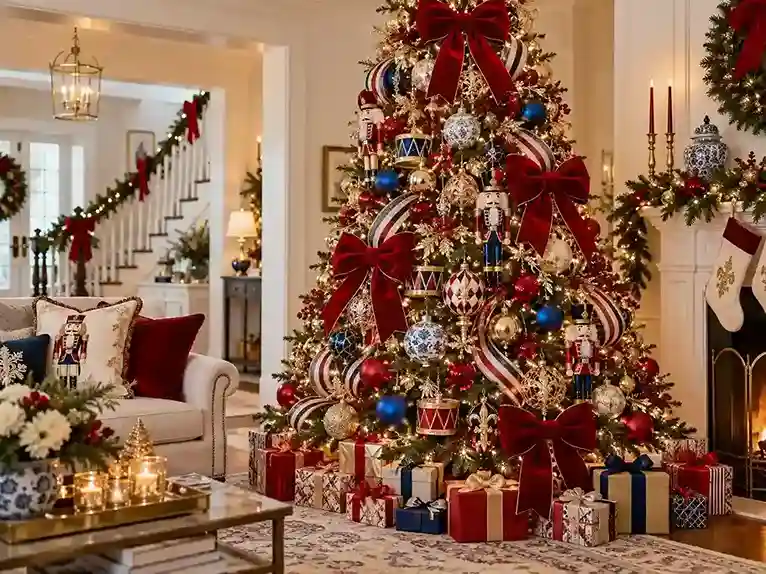 Nutcracker Christmas tree decorated with red, white, gold, royal blue, oversized velvet bows, and mixed matte and shiny ornaments