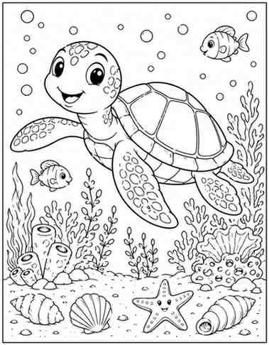 Cute sea turtle coloring page featuring a smiling sea turtle swimming underwater with fish, coral reefs, seashells, bubbles, starfish, and ocean plants.