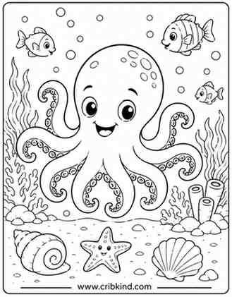 Cute octopus coloring page featuring a smiling octopus with curly tentacles, seashells, starfish, coral reefs, fish, bubbles, and underwater ocean scenery.