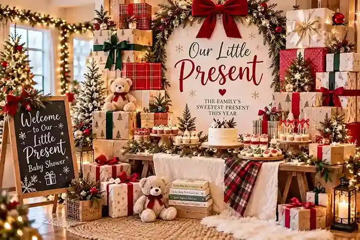 Our Little Present Christmas baby shower with stacked wrapped gifts, red and green bows, holiday greenery, teddy bears, and a festive dessert table.