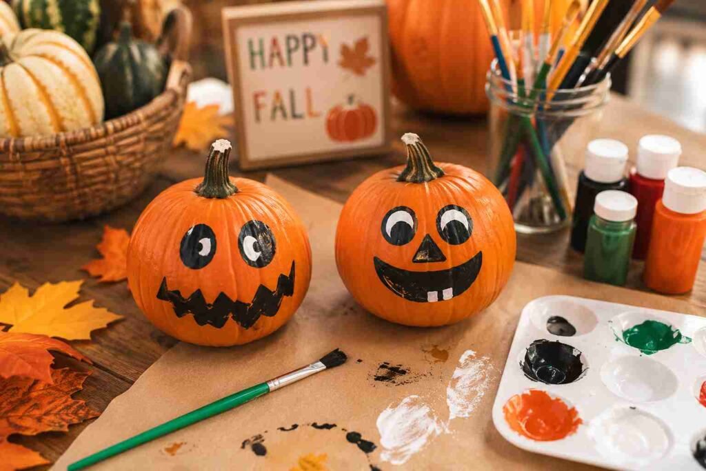 Two painted no-carve pumpkins with funny jack-o'-lantern faces surrounded by paintbrushes and craft supplies for an easy Halloween decorating activity.