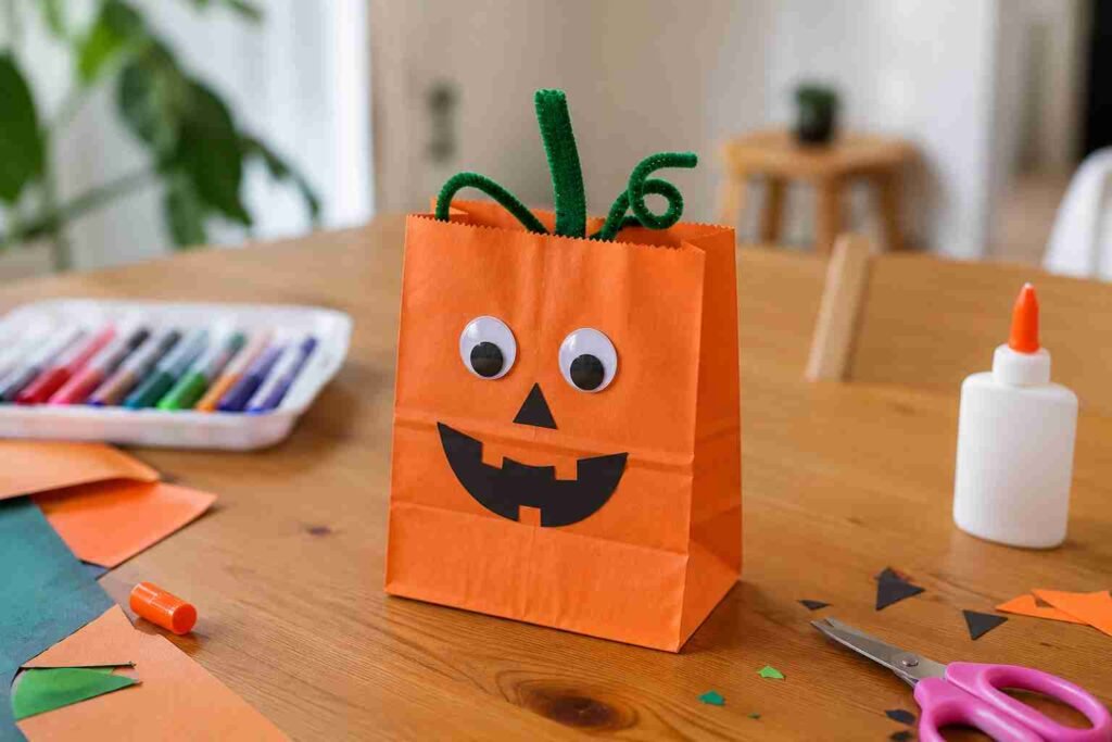 Orange paper bag pumpkin craft with googly eyes and a green pipe cleaner stem on a wooden table for an easy Halloween craft for kids.