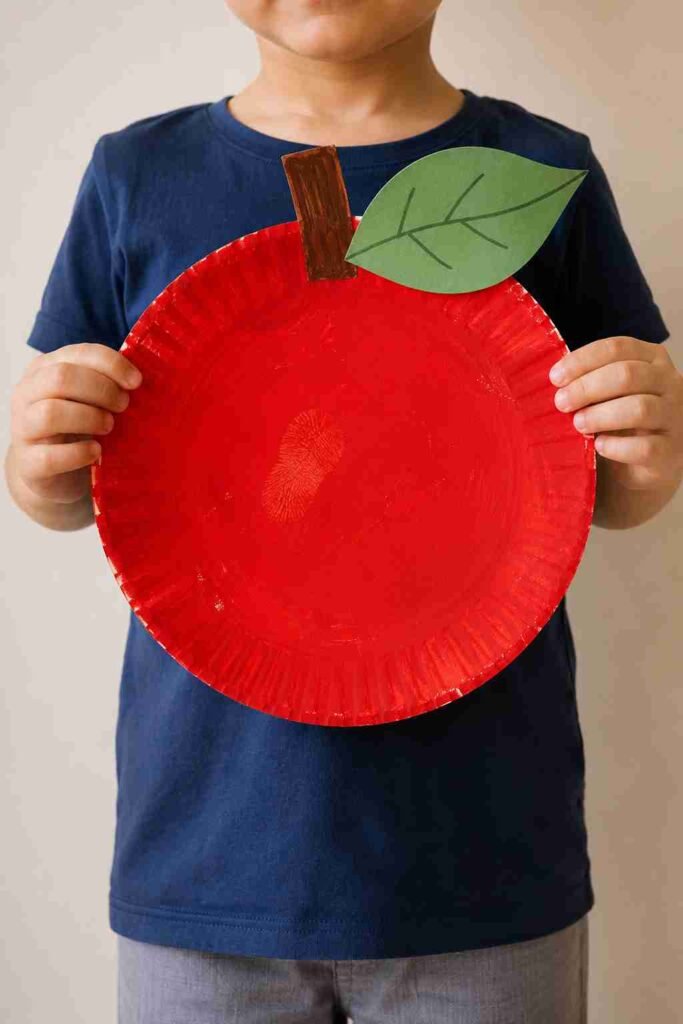 A child's hands holding a finished red paper plate apple craft with a green leaf and brown stem