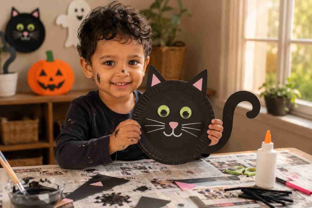 Preschool child proudly holding a finished paper plate black cat craft with green eyes, whiskers, and a curled tail during a Halloween craft activity.