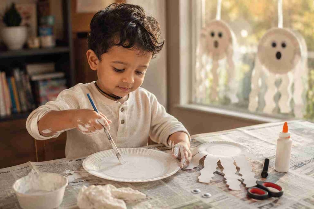 Toddler painting a paper plate white for an easy Halloween ghost craft with white paint on little hands and ghost craft supplies on a newspaper-covered table.