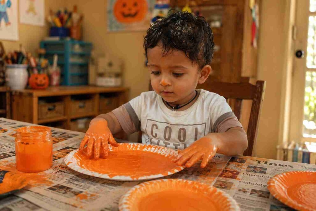 Preschool child painting a paper plate orange for a Halloween pumpkin craft with paint-covered hands and a small orange paint spot on the nose.