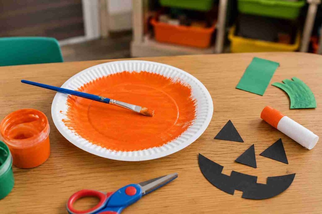 Paper plate painted orange with jack-o'-lantern face pieces and green stem for an easy Halloween pumpkin craft for kids.