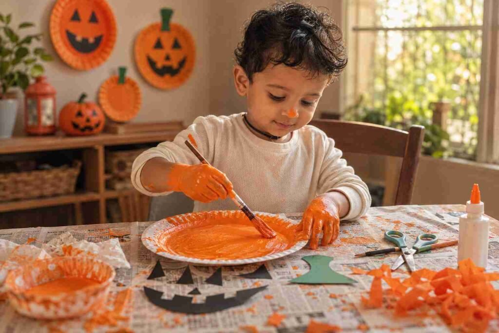 Toddler painting a paper plate bright orange for an easy Halloween pumpkin craft with orange paint-covered hands and pumpkin craft supplies on a newspaper-covered table.