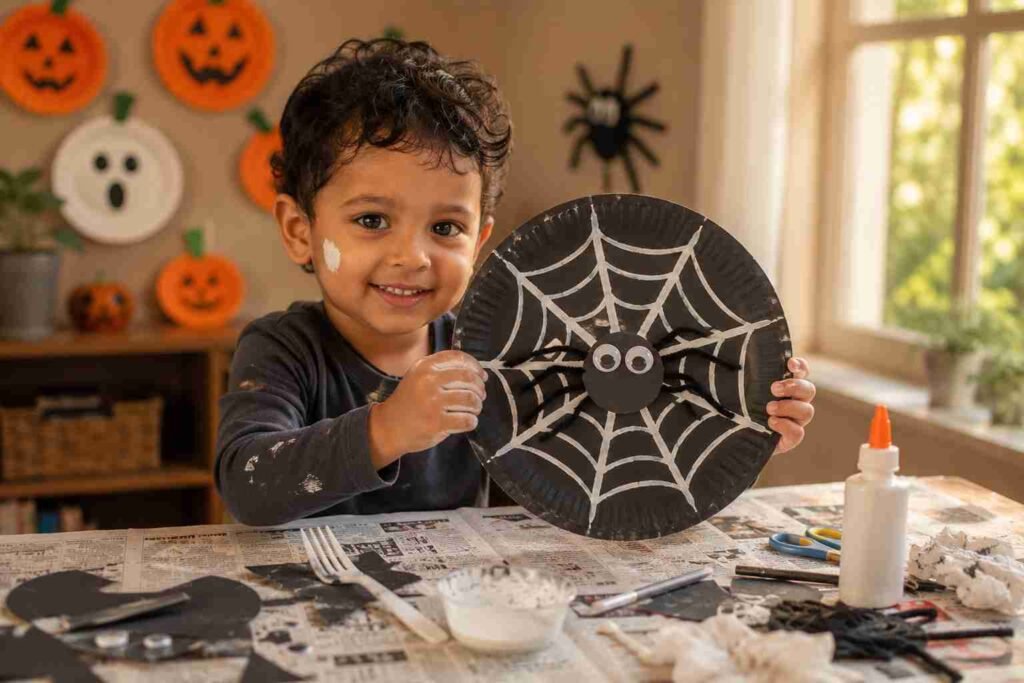 Preschool child proudly holding a finished paper plate spider web craft with a cute googly-eyed spider during a fun Halloween craft activity.