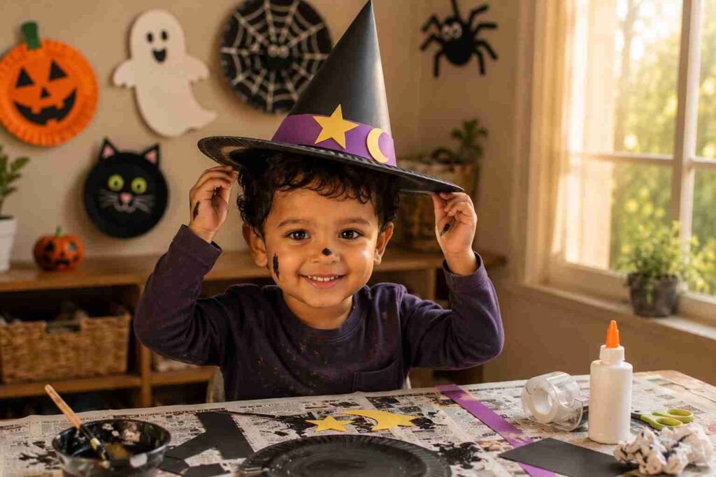 Preschool child proudly wearing a finished paper plate witch hat craft with a black cone, purple hat band, yellow star, and crescent moon during a Halloween craft activity.