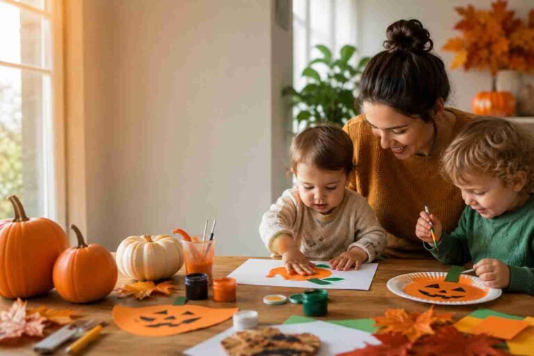 Mother helping two young children make colorful pumpkin crafts, including paper plate, painted, and handprint pumpkins, during a fun Halloween family activity at home.
