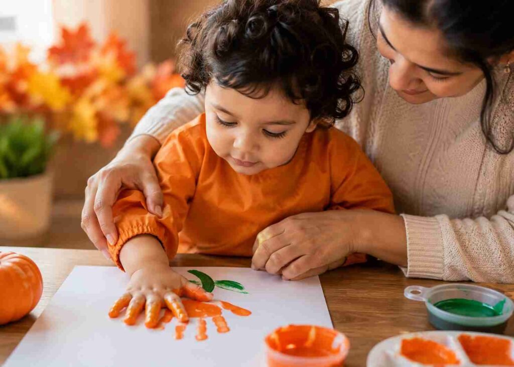 Toddler making a pumpkin handprint craft with orange paint while a parent helps during a fun Halloween art activity at home.