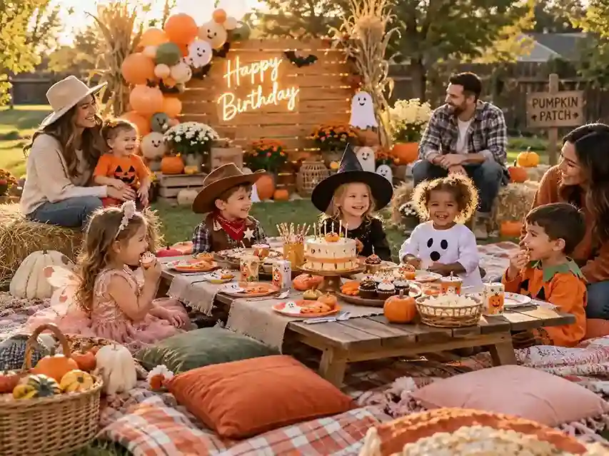 Outdoor pumpkin patch Halloween birthday picnic with hay bales, floor cushions, pumpkins, friendly ghosts, cake, and children in playful costumes.
