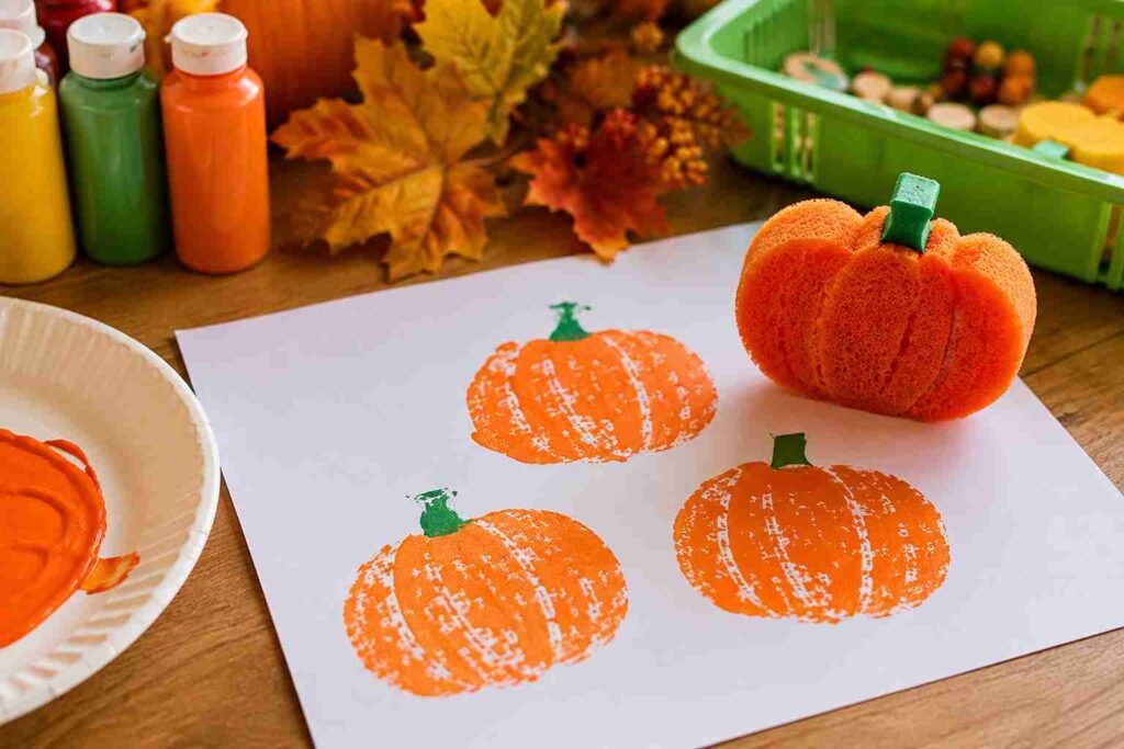 Pumpkin-shaped sponge making orange pumpkin prints on white paper for an easy Halloween sponge painting craft for kids.