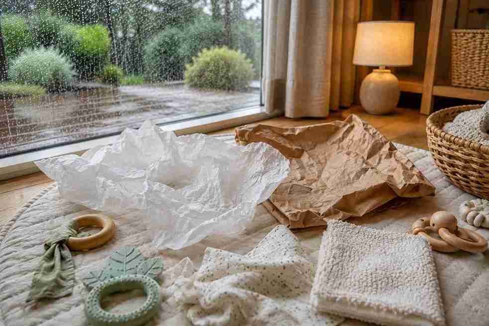 Rainy day crinkle paper sensory play setup for babies with tissue paper and a brown paper bag beside a rain-covered window.