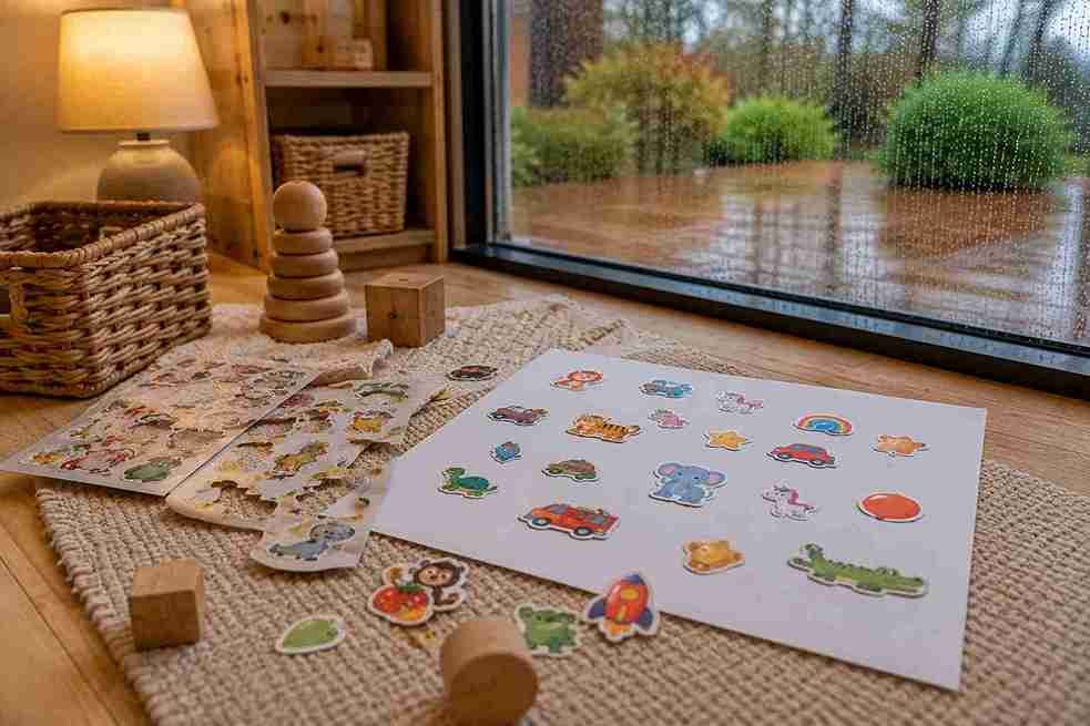 Rainy day sticker play activity for a 2-year-old with colorful stickers on paper beside a rain-covered window.